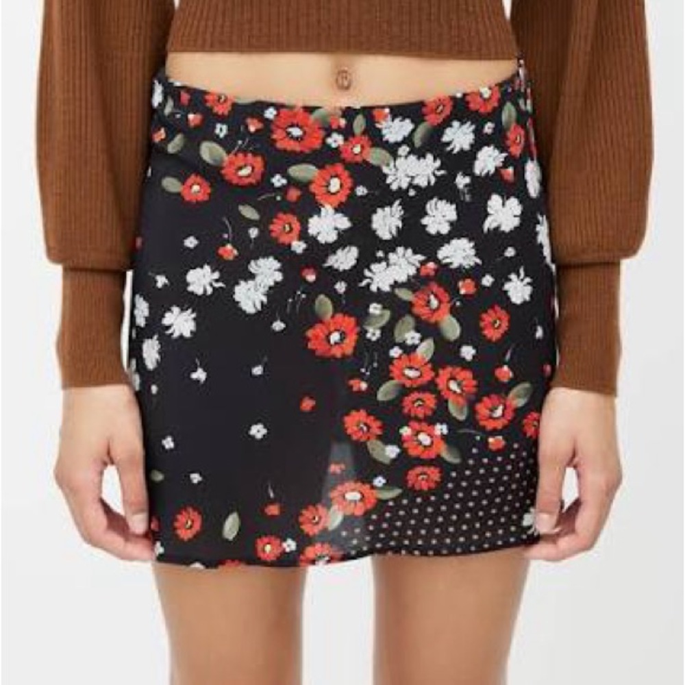 Realisation Par Black Mini Skirt with Red and White Floral Design